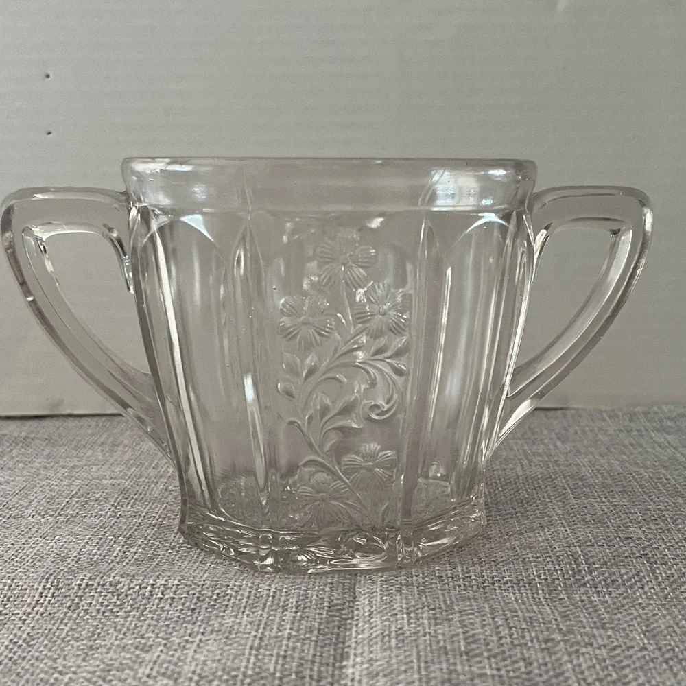 Vintage Clear Glass Sugar Bowl with Double Handles – Pressed Floral Design